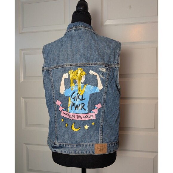 Abercrombie & Fitch Size L Denim Vest Custom "Girl Power" Sequins Distressed - Picture 3 of 13